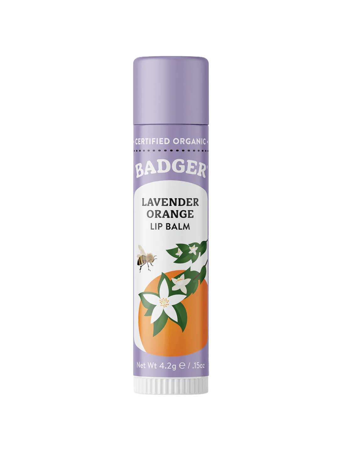 Badger Lip Balm Lavender & Orange 4.2g comes in a purple-capped tube with bee, white flower, and orange illustrations. This certified organic lip balm provides natural moisture and care for your lips.