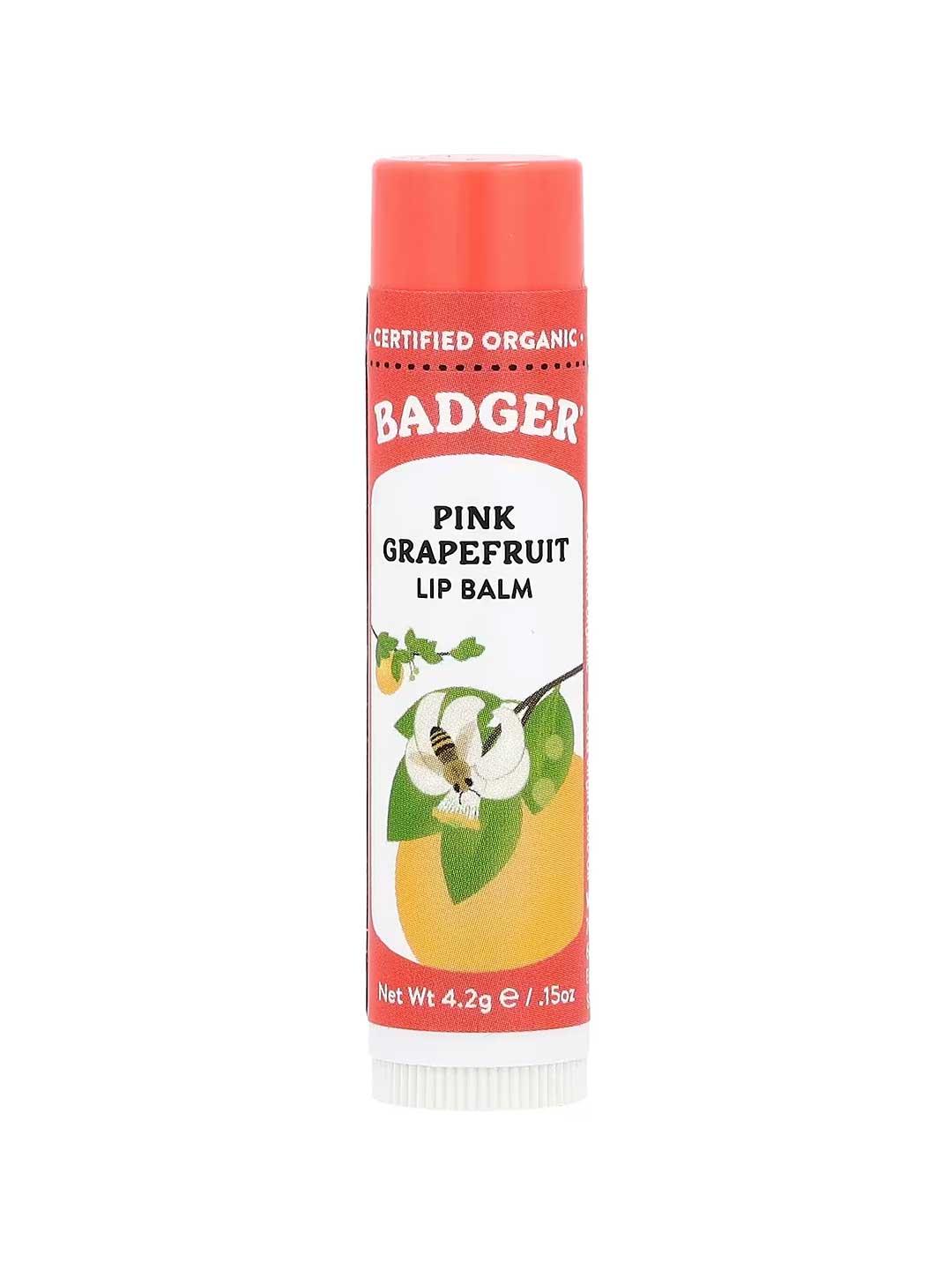 Badger Lip Balm Pink Grapefruit 4.2g features a red cap, organic certification, a grapefruit and flower illustration, and is ideal as a natural lip moisturiser.