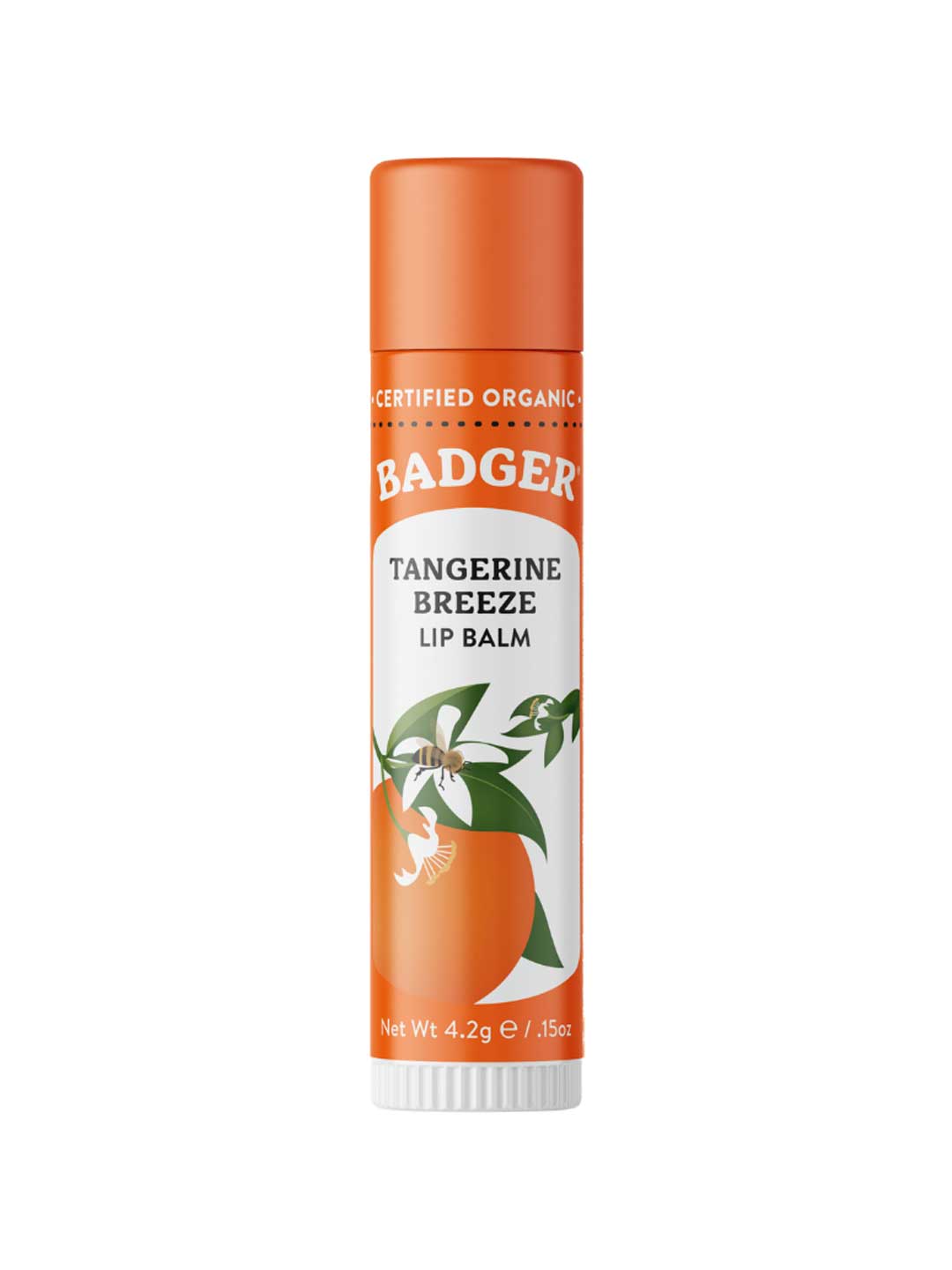 A 4.2g tube of Badger Lip Balm Tangerine Breeze with an orange cap and a label showing a tangerine, leaves, and blossom. This certified organic Natural Lip Moisturiser is featured on the label.