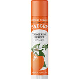 A 4.2g tube of Badger Lip Balm Tangerine Breeze with an orange cap and a label showing a tangerine, leaves, and blossom. This certified organic Natural Lip Moisturiser is featured on the label.