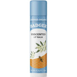 A tube of Badger Lip Balm Unscented 4.2g with a blue cap and label, ideal for sensitive skin. The packaging features olive branches, a honeycomb pattern, a bee, and text: "Certified Organic" and "Net Wt 4.2g / .15oz.