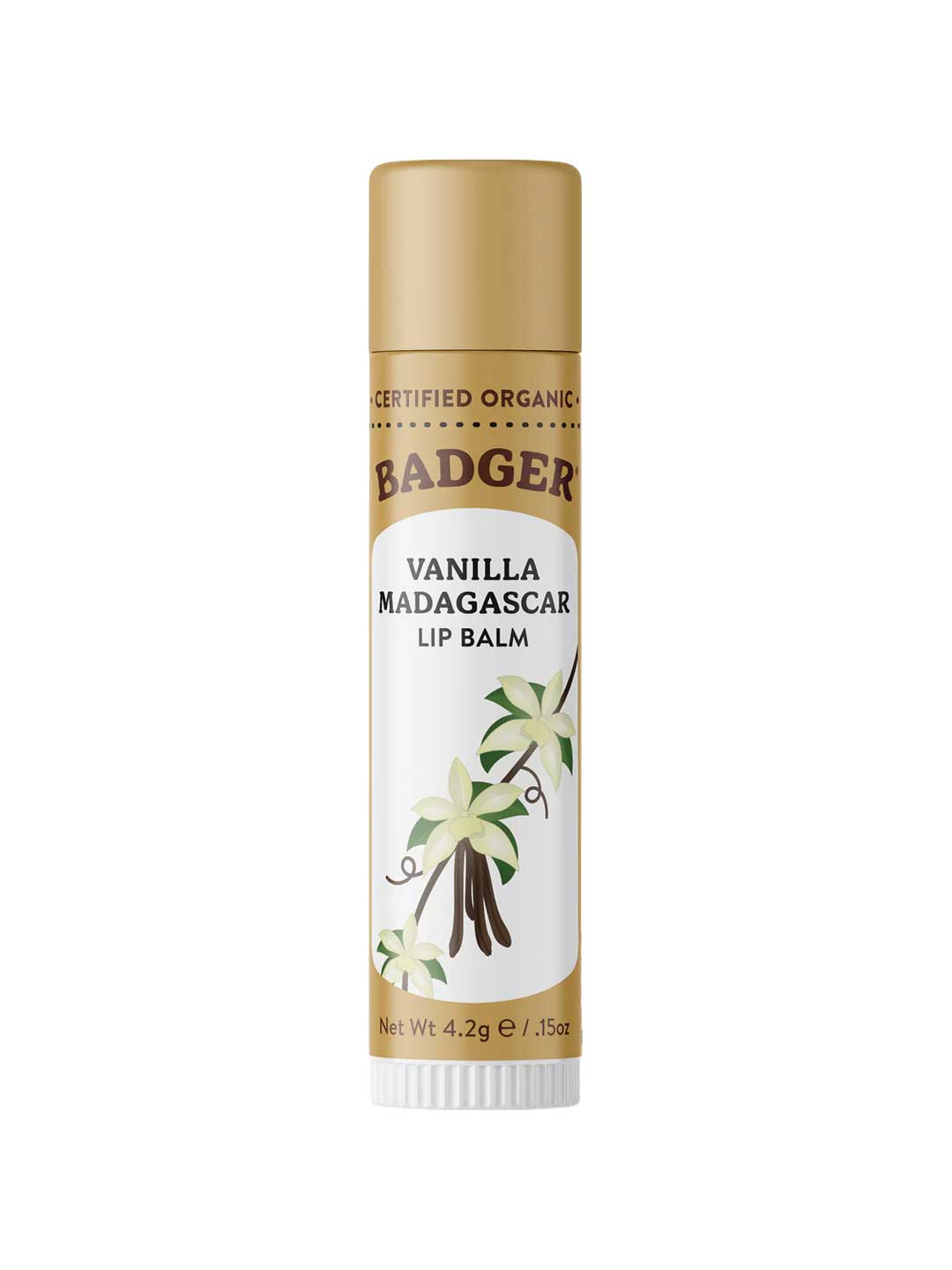 Badger Lip Balm Vanilla Madagascar 4.2g comes in a tube with a tan cap, labeled Certified Organic and decorated with vanilla flowers and pods in white and green accents. Net weight is 4.2g (0.15oz).