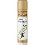 Badger Lip Balm Vanilla Madagascar 4.2g comes in a tube with a tan cap, labeled Certified Organic and decorated with vanilla flowers and pods in white and green accents. Net weight is 4.2g (0.15oz).