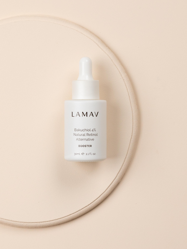 LAMAV Bakuchiol Booster bottle on a neutral background