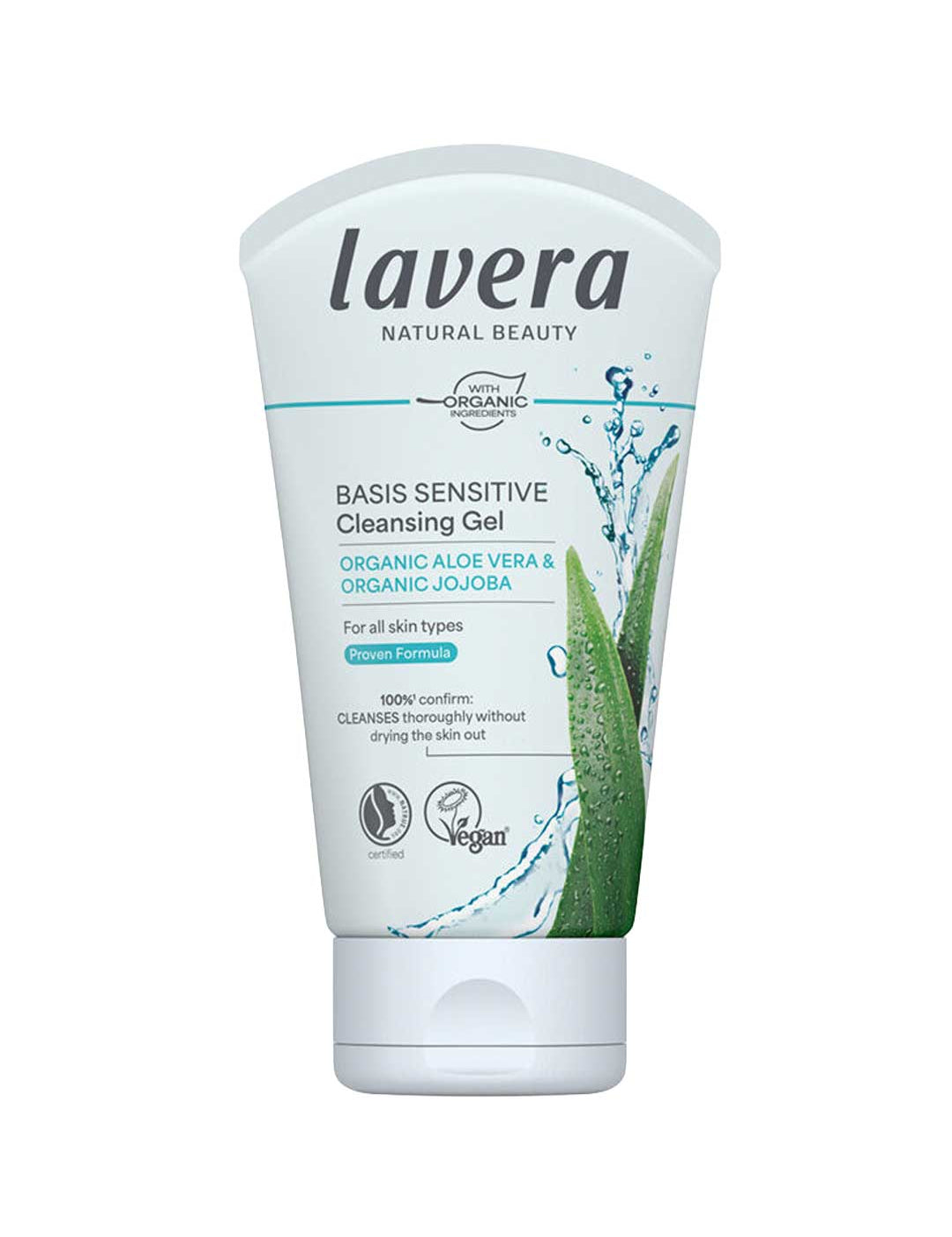 A white 125ml squeeze tube of Lavera Basis Sensitiv Cleansing Gel with green aloe vera graphics, on a plain white background.