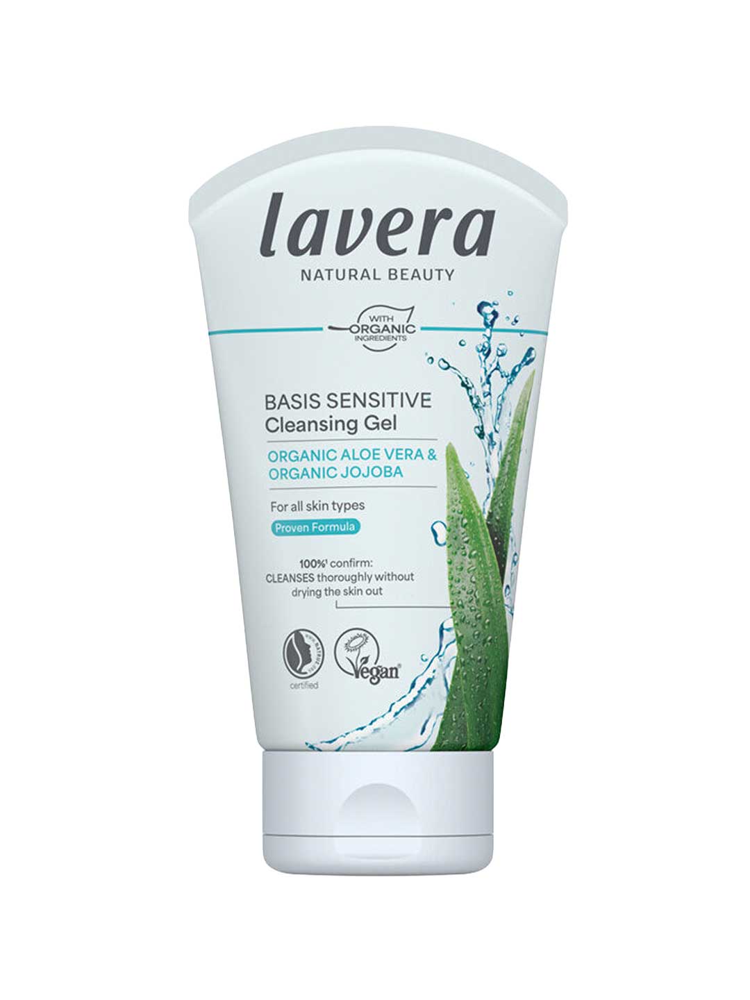 A white 125ml squeeze tube of Lavera Basis Sensitiv Cleansing Gel with green aloe vera graphics, on a plain white background.
