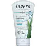A white 125ml squeeze tube of Lavera Basis Sensitiv Cleansing Gel with green aloe vera graphics, on a plain white background.