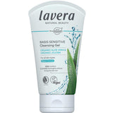 A white 125ml squeeze tube of Lavera Basis Sensitiv Cleansing Gel with green aloe vera graphics, on a plain white background.