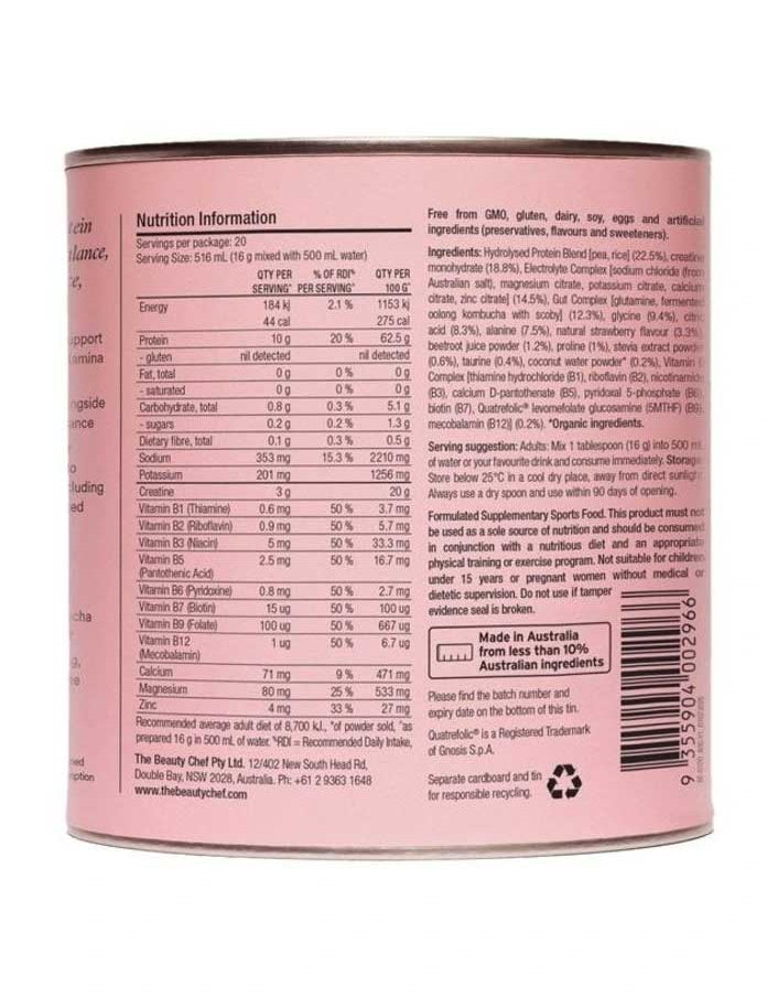 Back of The Beauty Chef Body Electric™ Protein Water + Creatine 320g pink cylindrical container showing nutrition table, plant protein, electrolytes, ingredients, manufacturer info, certifications, and health claims in small text.