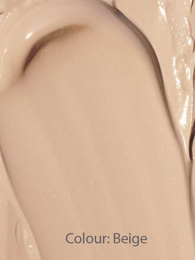 A smooth, creamy beige substance—like Hyaluronic Anti-Pollution CC Cream SPF15 40ml—spread across a surface with the text Colour: Beige at the bottom.
