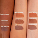 Three forearms with varying skin tones show swatches of Benecos Beauty ID Palette Bronze Refill - Tan Please 6g, highlighting its buildable natural bronzer coverage across different complexions.