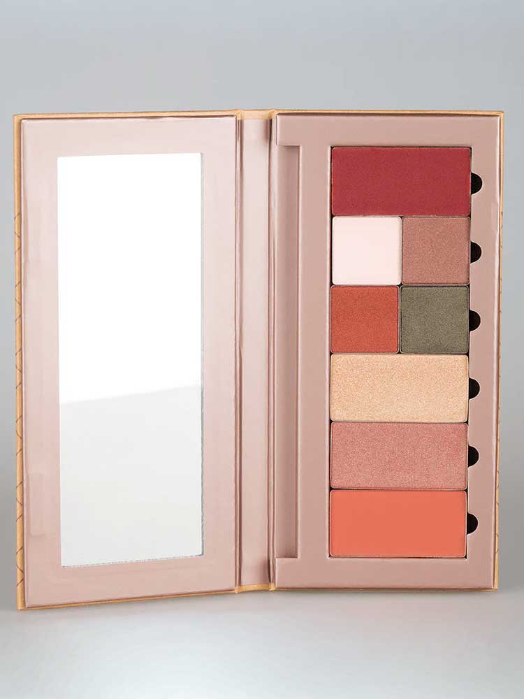 The Benecos Beauty ID Palette Lip & Cheek Refill - Velvet Rose 3g features a built-in mirror and eight pans in pink, red, brown, peach, and gold—ideal to complement your favorite organic lip and cheek tint.