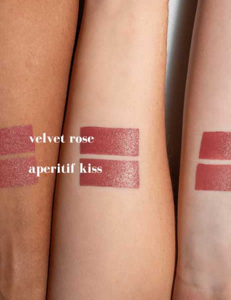 Three forearms of various skin tones display two rosy brown lipstick swatches, including the Benecos Beauty ID Palette Lip & Cheek Refill - Aperitif Kiss 3g (bottom), highlighting our vegan makeup collection.