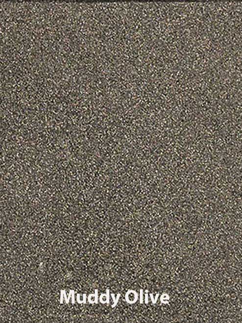 A textured square swatch in dark, muted olive green labeled Muddy Olive—ideal for talc-free eyeshadow fans customizing their Benecos Beauty ID Palette Eyeshadow Refills 1.5g palette.