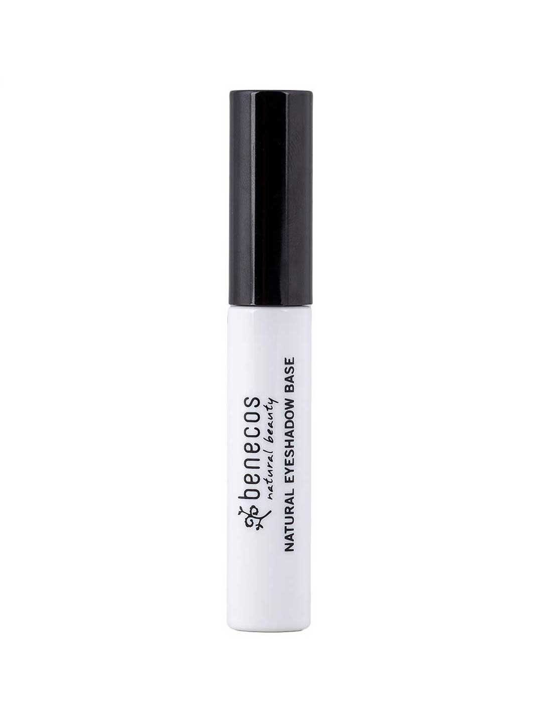 A 5ml tube of Benecos Prime Fine Eye Shadow Primer, featuring a white body, black cap, and the brand logo with product name printed vertically on the front.