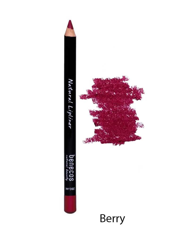 A Benecos Natural Lipliners 1.13g pencil in a rich berry shade, shown with a swatch of the color beside it and the word "Berry" below.