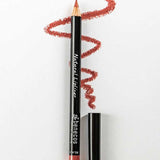 A Benecos Natural Lipliners 1.13g pencil, cap removed, rests on a white surface with a wavy brown line above it highlighting its rich color. The word "Brown" appears below.