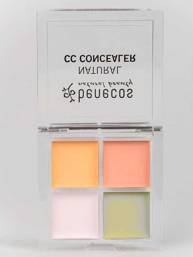 The Benecos CC Palette 6g features four square pastel concealer creams—yellow, peach, lavender, and green—in a clear compact with an open lid and black text, ideal for natural colour-correcting coverage.