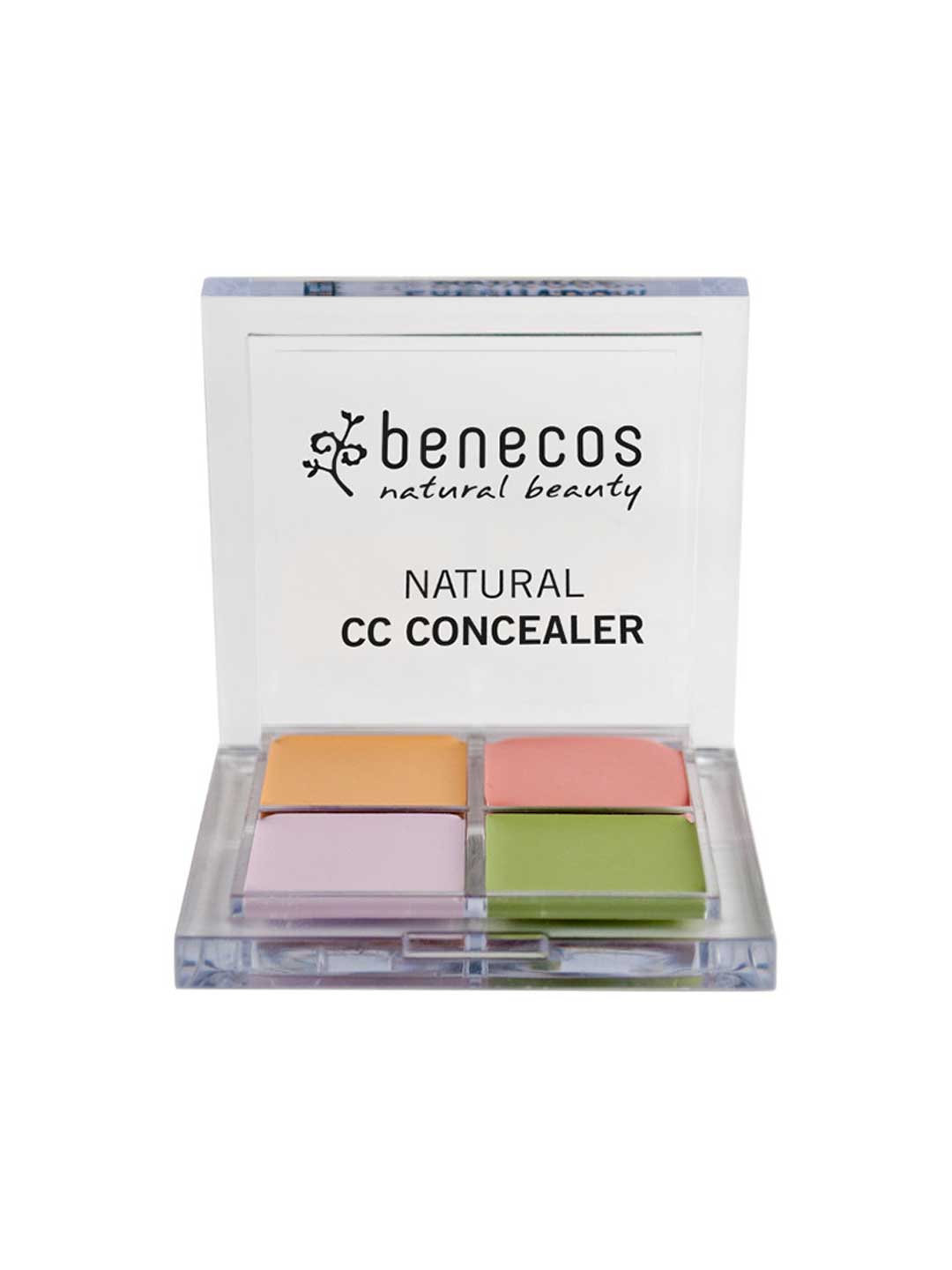 An open Benecos CC Palette 6g features four colour-correcting concealers—purple, peach, beige, and green—in a clear plastic case with the product name on the lid, perfect for natural makeup looks.