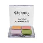 An open Benecos CC Palette 6g features four colour-correcting concealers—purple, peach, beige, and green—in a clear plastic case with the product name on the lid, perfect for natural makeup looks.