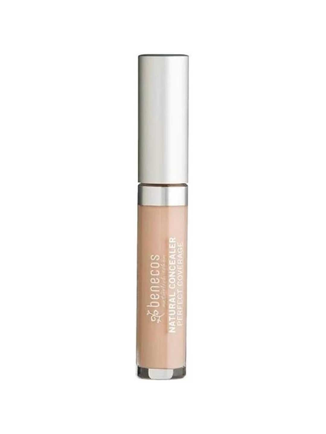 A 5ml tube of Benecos Concealer with a silver cap and beige label, featuring a light beige vegan formula for makeup application.
