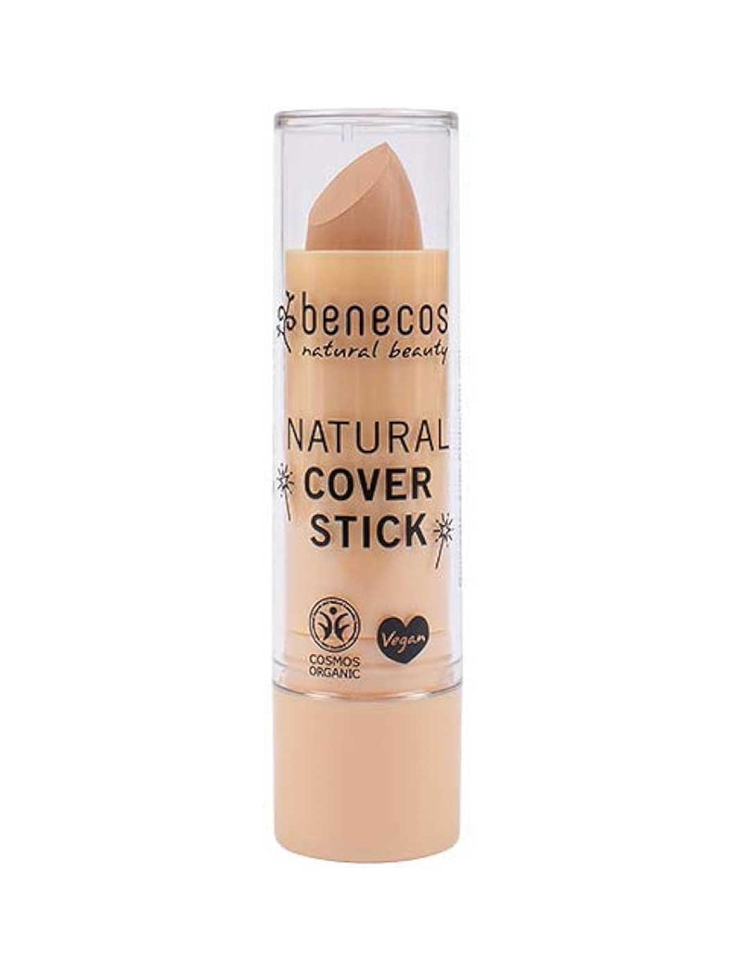 A Benecos Cover Stick 4.5, a vegan, full coverage concealer with organic aloe in a clear tube and beige base, stands upright against a white background.