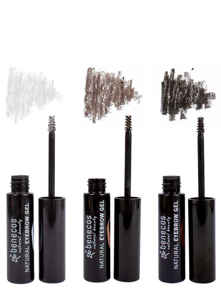 Three open tubes of Benecos Eyebrow Gel 3ml are displayed with brush applicators. Above each tube is a swatch showing a different tinted shade: grey, brown, and black.