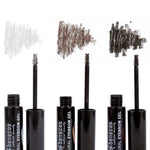 Three open tubes of Benecos Eyebrow Gel 3ml are displayed with brush applicators. Above each tube is a swatch showing a different tinted shade: grey, brown, and black.
