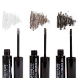Three open tubes of Benecos Eyebrow Gel 3ml are displayed with brush applicators. Above each tube is a swatch showing a different tinted shade: grey, brown, and black.