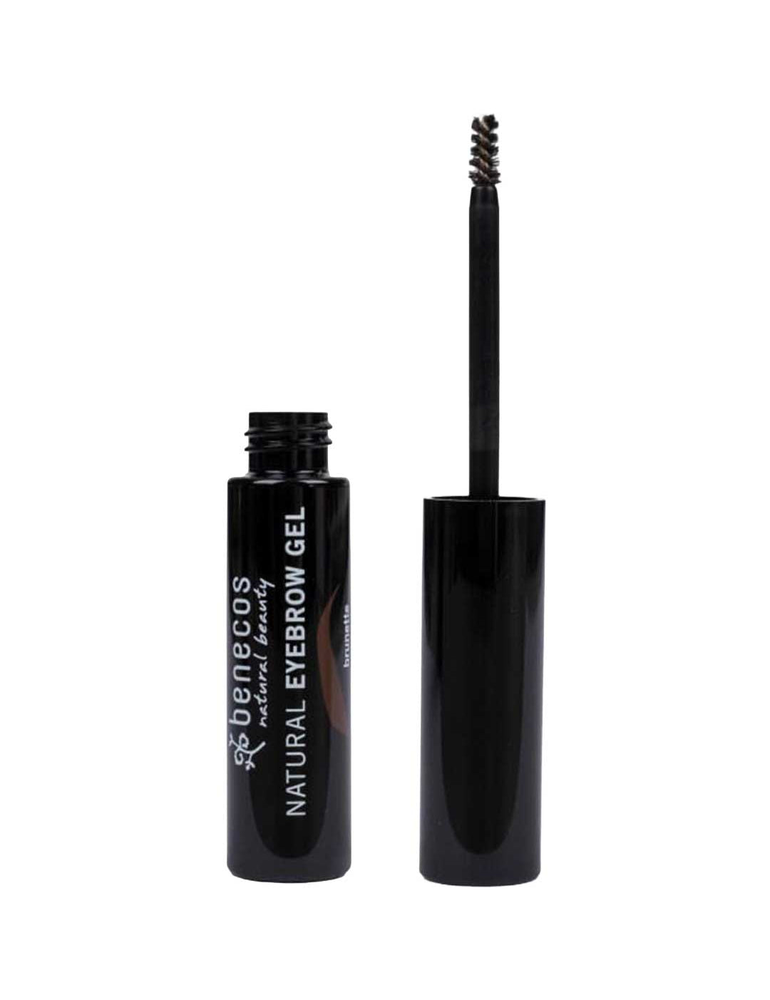 Benecos Eyebrow Gel 3ml shown open in a black tube with white text; the applicator wand features a spoolie brush and stands upright beside the tinted gel tube.