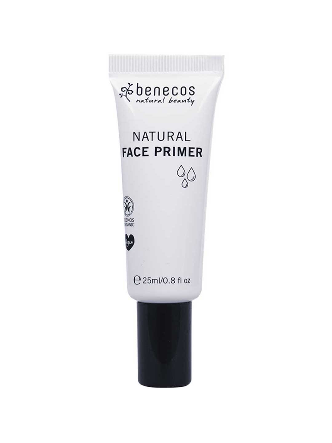 A white tube of Benecos Face Primer 25ml with a black cap, featuring droplet icons and vegan labeling. This natural primer helps create long-lasting makeup looks and enhances your beauty routine.