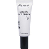 A white tube of Benecos Face Primer 25ml with a black cap, featuring droplet icons and vegan labeling. This natural primer helps create long-lasting makeup looks and enhances your beauty routine.