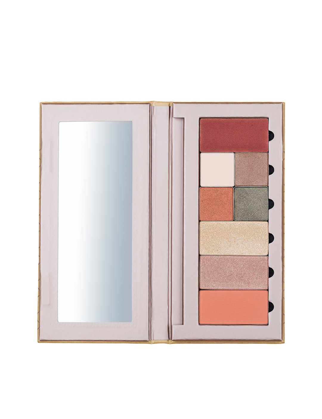 The Benecos Large Beauty ID Palette - Empty is an open, customizable makeup palette with a left-side mirror and space for eight rectangular shades, plus slots for two small applicators beside the shades.