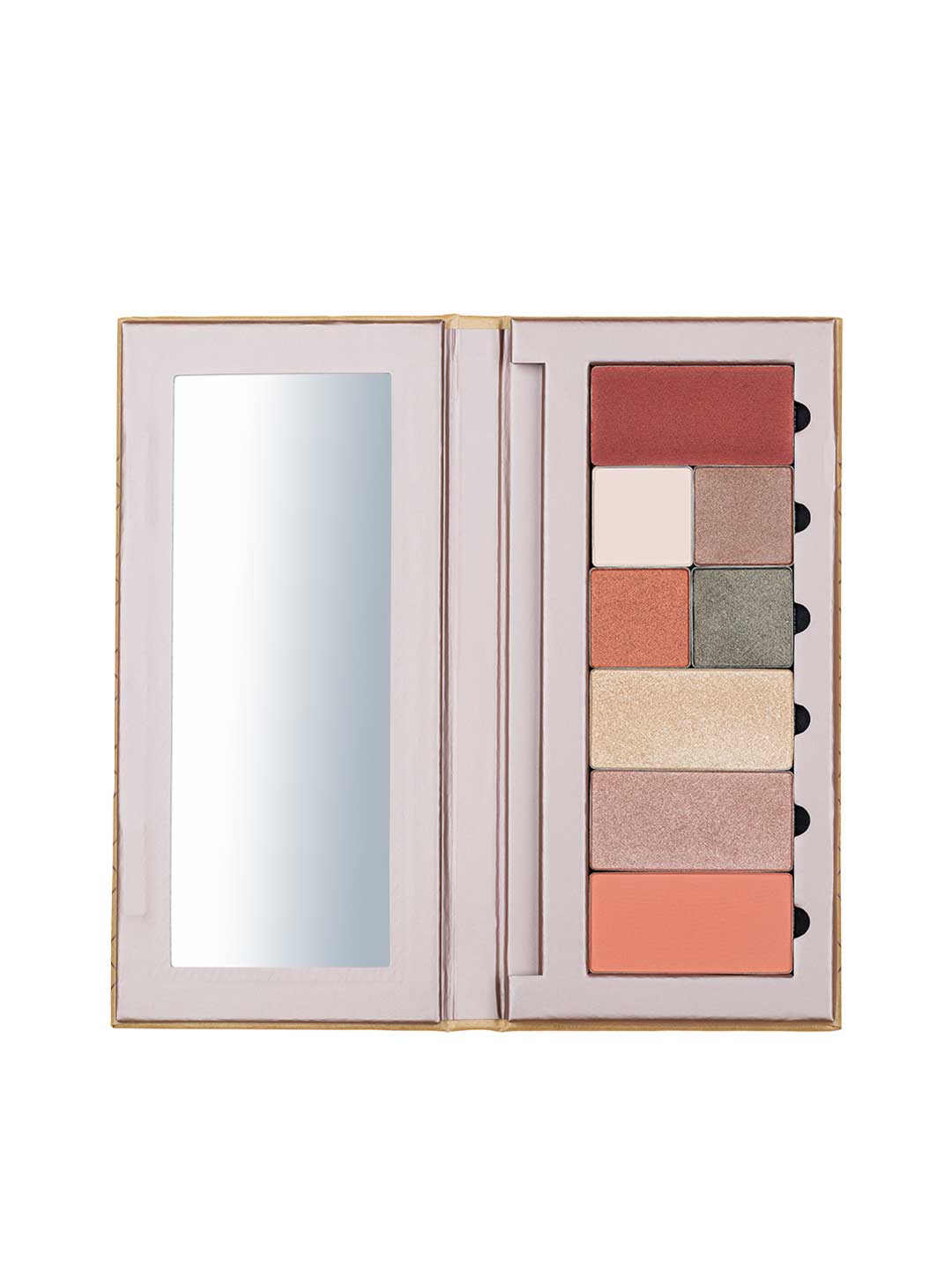 The Benecos Large Beauty ID Palette - Empty is an open, customizable makeup palette with a left-side mirror and space for eight rectangular shades, plus slots for two small applicators beside the shades.