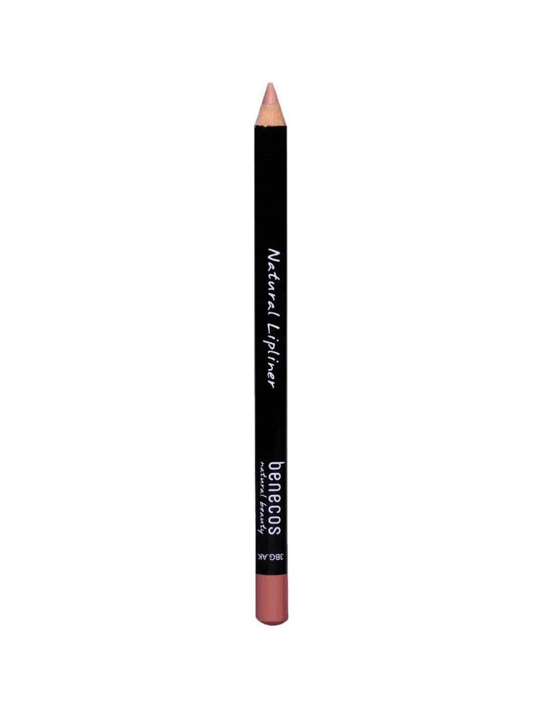 A Benecos Natural Lipliners 1.13g pencil, featuring a black body with a brownish-pink tip and white "Natural Lipliner" and "benecos" text, stands upright against a white background.