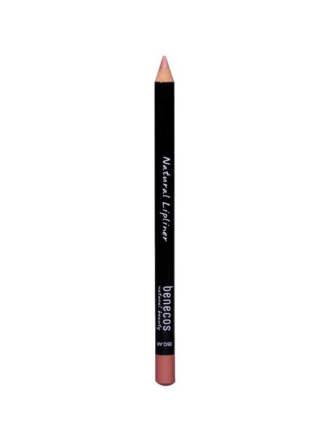 A Benecos Natural Lipliners 1.13g pencil, featuring a black body with a brownish-pink tip and white "Natural Lipliner" and "benecos" text, stands upright against a white background.