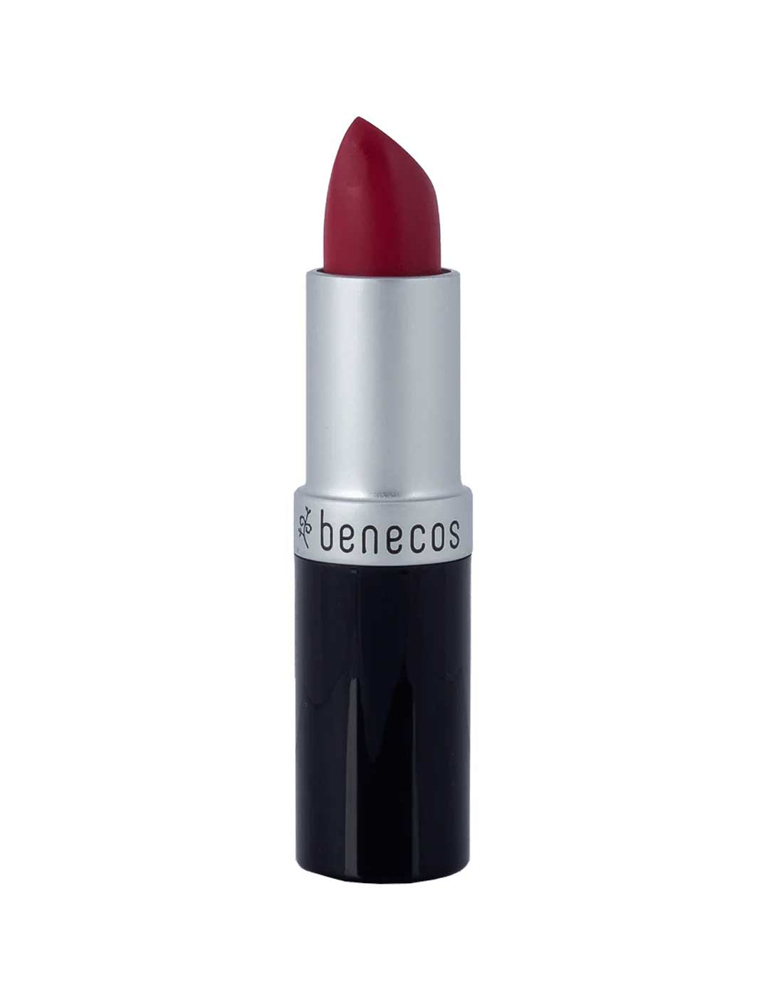 A 4.5g tube of Benecos Natural Lipsticks in deep red, featuring a silver and black case with "benecos" on the silver band.