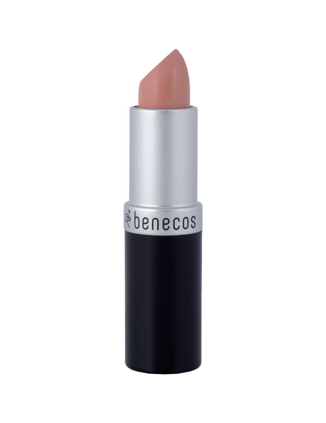The Benecos MAT Lipsticks 4.5 is a nude-colored, natural matte lipstick in a black and silver tube with "benecos" on the silver part, standing upright against a plain white background.
