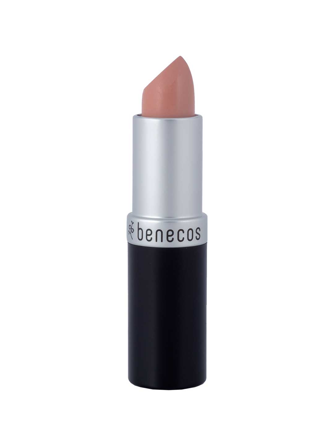 The Benecos MAT Lipsticks 4.5 is a nude-colored, natural matte lipstick in a black and silver tube with "benecos" on the silver part, standing upright against a plain white background.