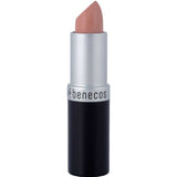The Benecos MAT Lipsticks 4.5 is a nude-colored, natural matte lipstick in a black and silver tube with "benecos" on the silver part, standing upright against a plain white background.