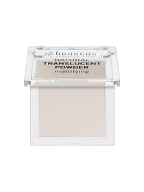 An open compact displays Benecos Mission Invisible Mattifying Translucent Powder 6.5g, revealing a light, matte setting powder with the product name on the lid.