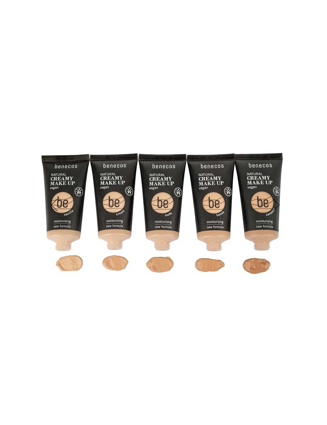 Five tubes of Benecos Natural Creamy Makeup 30ml are lined up side by side, each displaying a different shade of lightweight foundation swatched in front on a white background.