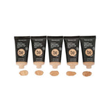 Five tubes of Benecos Natural Creamy Makeup 30ml are lined up side by side, each displaying a different shade of lightweight foundation swatched in front on a white background.