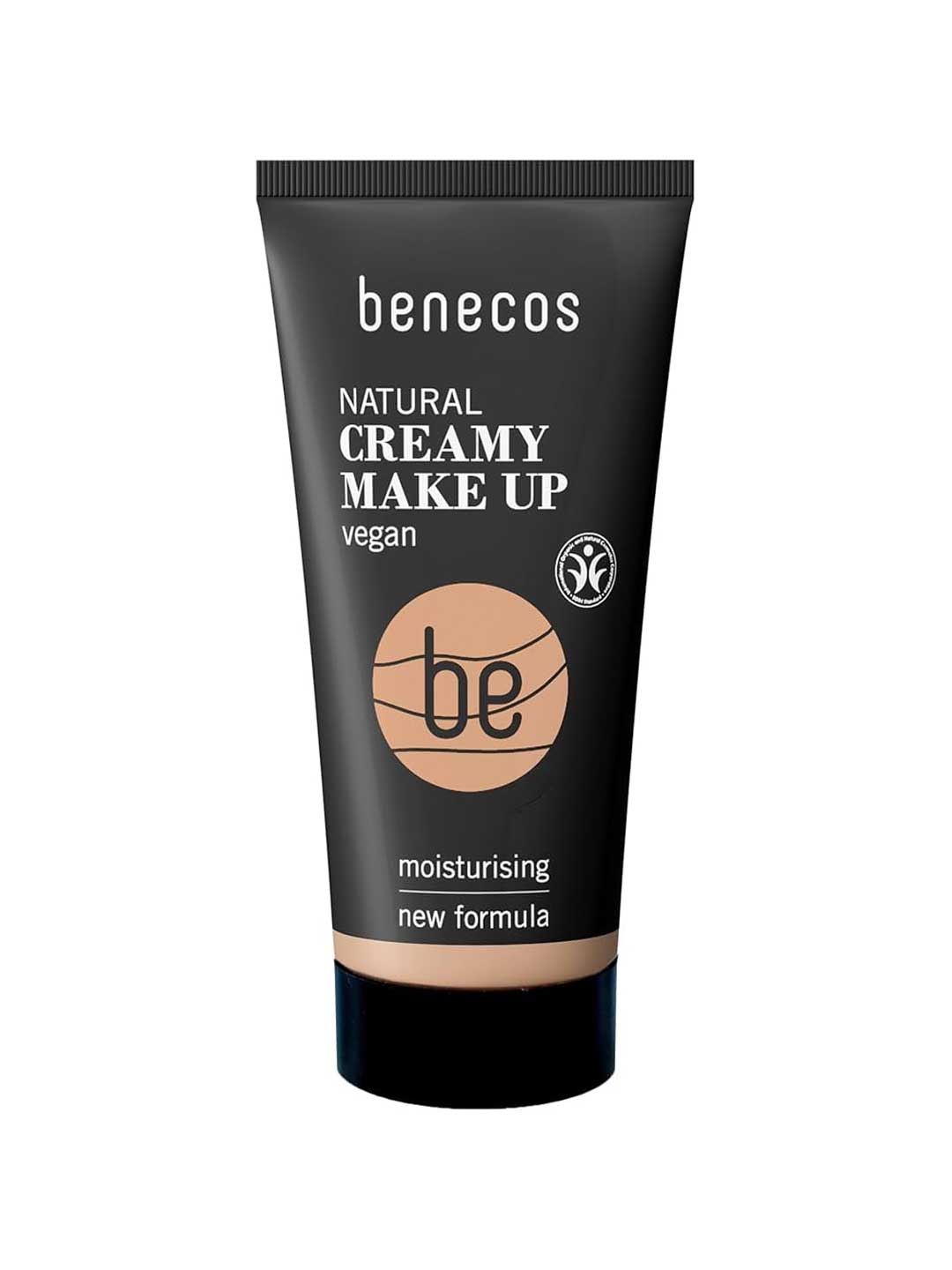 A black tube of Benecos Natural Creamy Makeup 30ml, labeled vegan, with a new moisturising foundation formula. Beige color is visible at the bottom and product text appears in white and beige on the front.