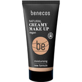 A black tube of Benecos Natural Creamy Makeup 30ml, labeled vegan, with a new moisturising foundation formula. Beige color is visible at the bottom and product text appears in white and beige on the front.