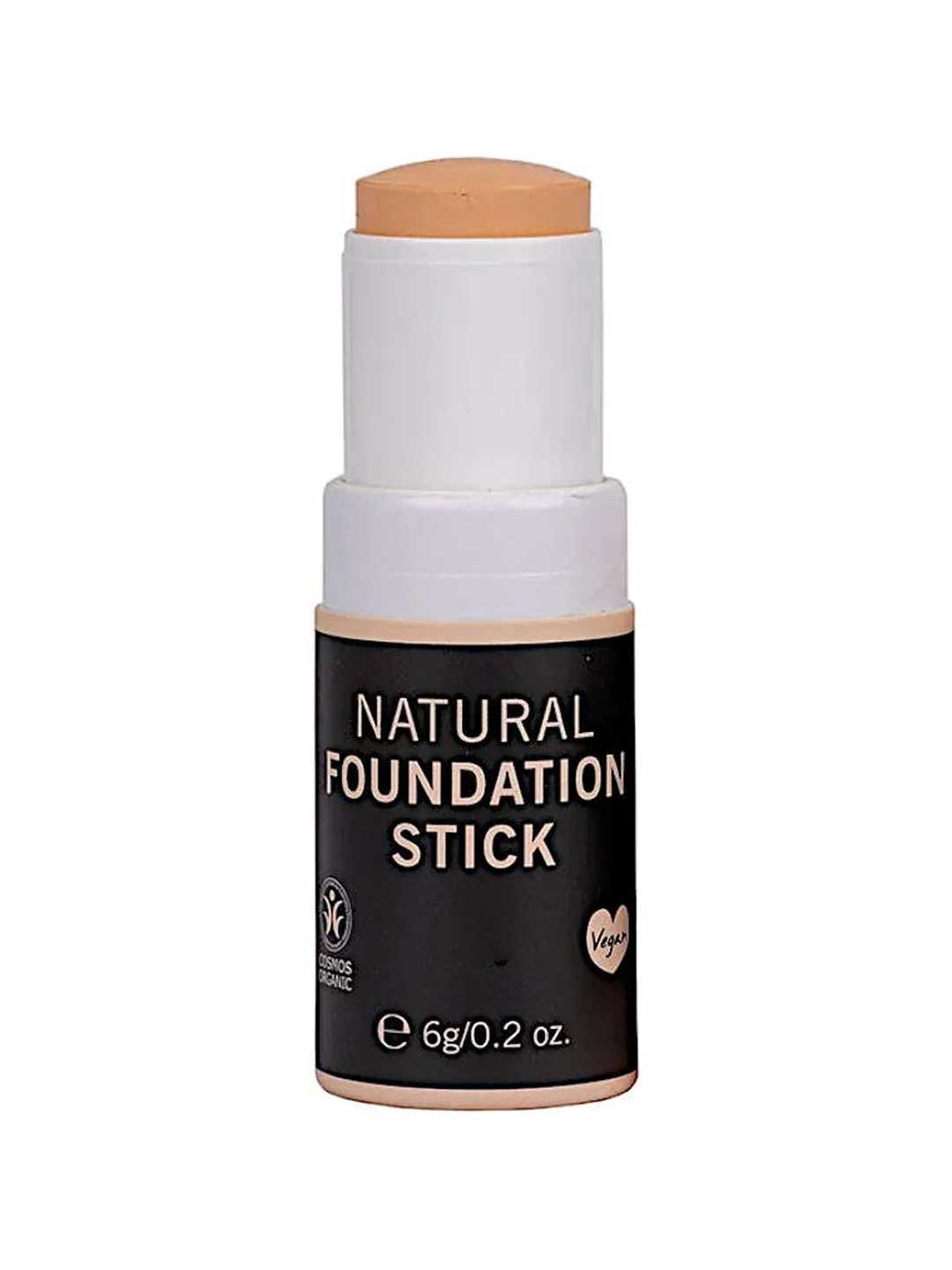 The Benecos Natural Foundation Stick 6g is a beige, organic, and vegan stick foundation in a black tube labeled "Natural Foundation Stick." It offers buildable coverage, is shown with the lid off, and features vegan and organic certifications. Net weight: 6g (0.2 oz).