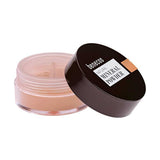 An open container of Benecos Natural Mineral Powder 10g with a black lid beside it. The light beige, talc-free loose powder provides a matte finish. The lid’s label is partially visible.