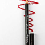 A Benecos Natural Lipliners 1.13g pencil with its cap off lies on white paper, displaying a wavy red line above it and the word "Red" printed at the bottom left of the image.