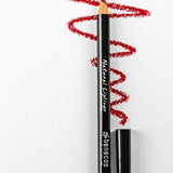 A Benecos Natural Lipliners 1.13g pencil with its cap off lies on white paper, displaying a wavy red line above it and the word "Red" printed at the bottom left of the image.