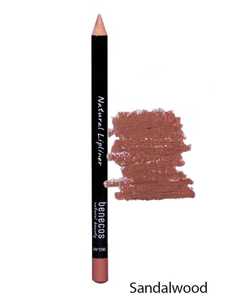 A Benecos Natural Lipliners 1.13g pencil is shown in Sandalwood, with a warm brown swatch beside it. This organic liner delivers precise, lasting definition. "Sandalwood" appears in black text at the bottom right.